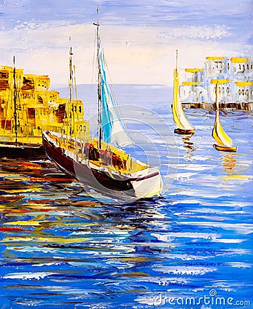 Oil Painting - Harbor View Stock Photo