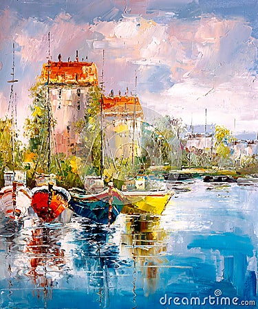 Oil Painting - Harbor View Stock Photo