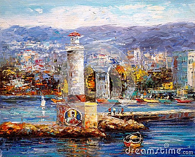 Oil Painting - Harbor View Stock Photo