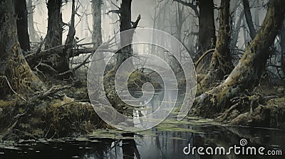Eerily Realistic Swamp Painting With Twisted Branches And Fog Stock Photo