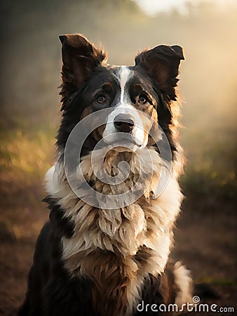 oil painting image of a sitting border collie dog Stock Photo