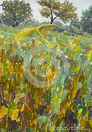 Oil painting impressionism beautiful green country landscape with trees and field Stock Photo