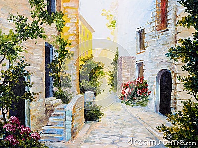 oil painting - Italian street, colorful summer watercolour Stock Photo