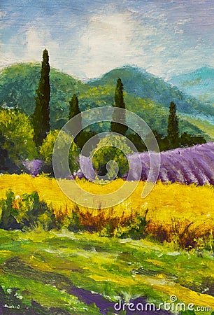 Art creative process. Artist create painting Italian summer countryside. Tuscany. Field of red poppies, a field of yellow rye. Rur Stock Photo