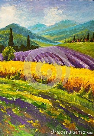 Lavender purple field painting. Italian summer countryside. French Tuscany. Field of yellow rye. Rural houses and high cypress tre Stock Photo