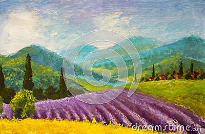 Lavender purple field painting. Italian summer countryside. French Tuscany. Field of yellow rye. Rural houses and high cypress tre Stock Photo