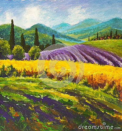 Lavender purple field painting. Italian summer countryside. French Tuscany. Field of yellow rye. Rural houses and high cypress tre Stock Photo