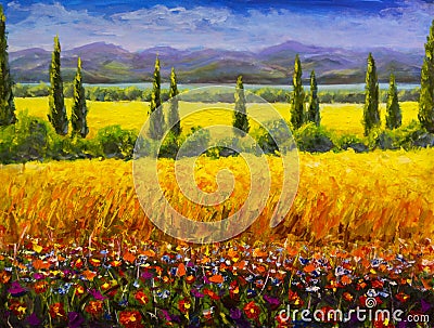 Oil painting Italian summer tuscany landscape, green cypresses bushes, yellow field, red flowers, mountains and blue sky artwork o Stock Photo