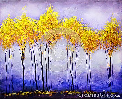 Oil painting landscape, abstract colorful gold trees Stock Photo
