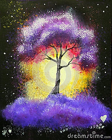 Oil painting landscape, abstract colorful purple tree Stock Photo