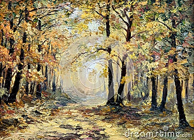 Oil painting landscape - autumn forest, full of fallen leaves Stock Photo