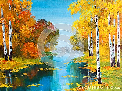 Oil painting landscape - birch forest near the river Stock Photo