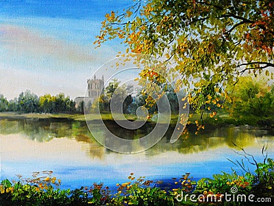 Oil painting landscape - castle near lake, tree over the water Stock Photo