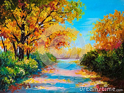 Oil painting landscape - colorful autumn forest Stock Photo