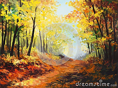 Oil painting landscape - colorful autumn forest Stock Photo