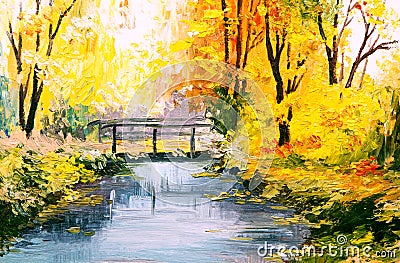 Oil painting landscape - colorful autumn forest Stock Photo