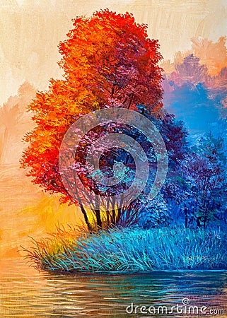 Oil painting landscape - colorful autumn forest Stock Photo