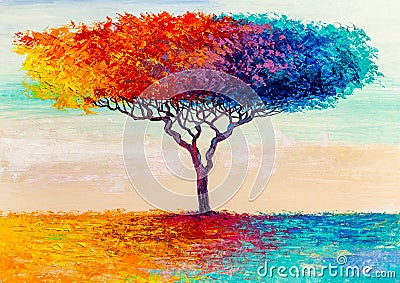 Oil painting landscape. Colorful autumn tree. Abstract style Stock Photo