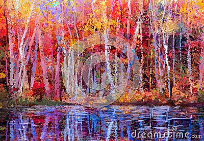 Oil painting landscape - colorful autumn trees Stock Photo