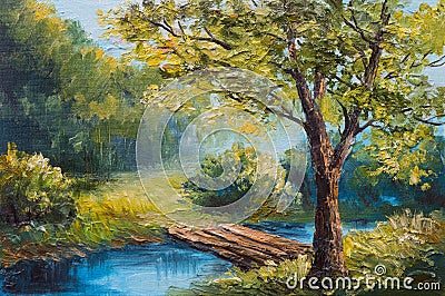 Oil painting landscape - colorful summer forest, beautiful river. Stock Photo