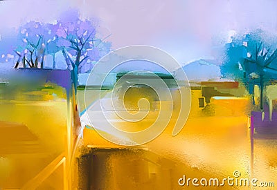 Oil painting landscape colorful yellow and purple sky Stock Photo