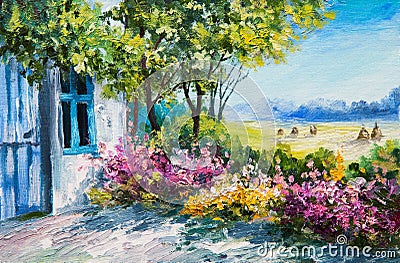 Oil painting landscape - garden near the house, colorful flowers Stock Photo