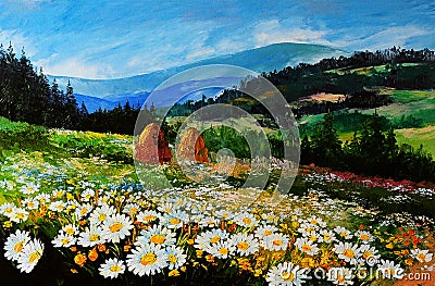 Oil painting landscape - meadow of daisies, art work Stock Photo