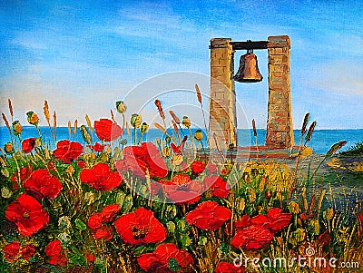 Oil painting landscape - poppies near the sea, bell at sunset. Stock Photo