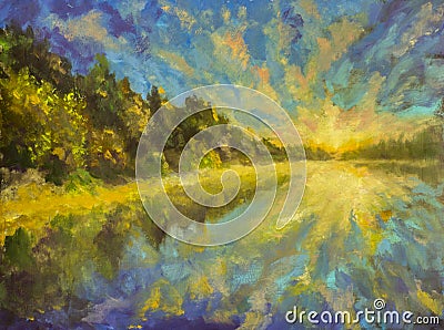 Oil painting landscape - Sunset dawn over lake water river sea. The rays of sun reflected in water. Green Forest Cartoon Illustration