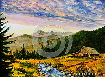 Oil painting landscape - sunset in the mountains, village house Stock Photo