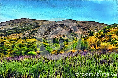 Oil painting lavender blooming in the mountains Stock Photo