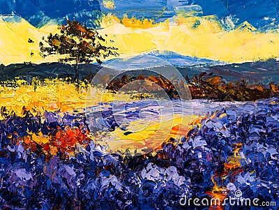 Oil Painting - Lavender Field at Provence, France Stock Photo