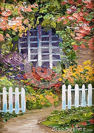 Oil painting - lots of flowers around the house, walkway Stock Photo