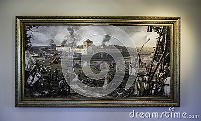 Oil Painting - Medininkai Castle Siege - in Stone Wall Background Editorial Stock Photo