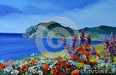 Oil painting - mountain in the sea, the sea coast, abstract drawing Stock Photo