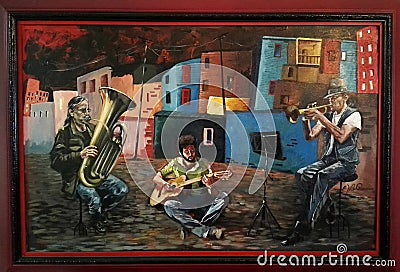 Oil painting of musicians playing on the street Stock Photo