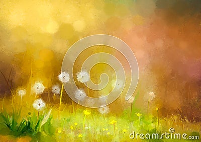 Oil painting nature grass - dandelions flowers Stock Photo