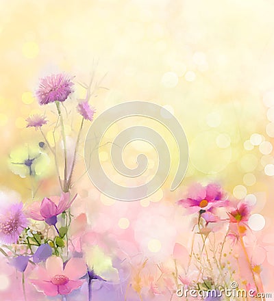 Oil painting nature grass flowers. Hand paint close up pink cosmos flower, pastel floral and shallow depth of field Stock Photo