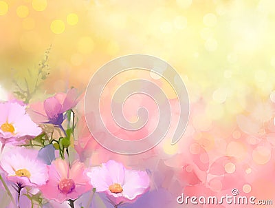 Oil painting nature grass flowers. Hand paint close up pink cosmos flower Stock Photo