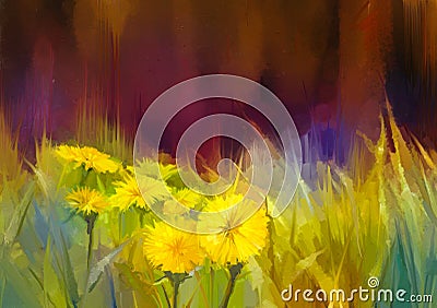 Oil painting nature grass flowers-yellow dandelions Stock Photo