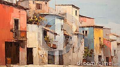 Oil painting of an old colorful town, impasto style Cartoon Illustration
