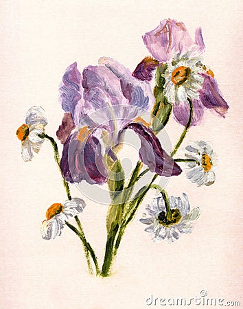 Oil painting on paper irises and daisies on a pink background Stock Photo