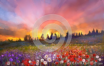 Oil painting poppy, dandelion, daisy flowers in fields Stock Photo
