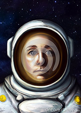 Oil Painting Portrait of an Astronaut in Outer Space Stock Photo
