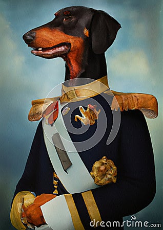 oil painting of Prince Dog background, Renaissance Dog portrait of a general, Lord, admiral, Emperor, commodore. Custom Funny Pet Stock Photo