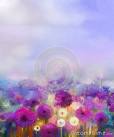 Oil painting Purple onion with white dandelion flowers in meadow Stock Photo