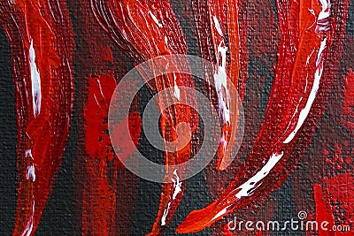 Oil painting red hot chili peppers on canvas. Piece of red chili peppers. Black and red. Oil paints. Close-up. Macro. Copy space. Stock Photo