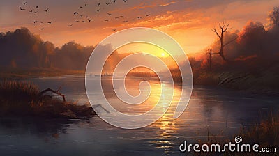 Oil Painting Of River At Sunrise In Dua Lipa Style Stock Photo