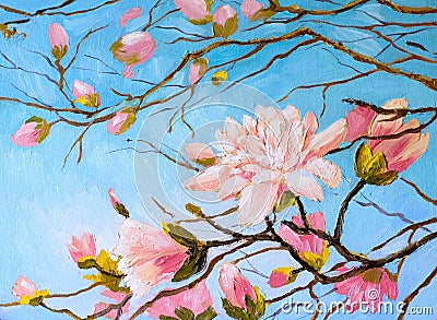 Oil painting - sakura branch on sky background, Japan abstract drawing Stock Photo