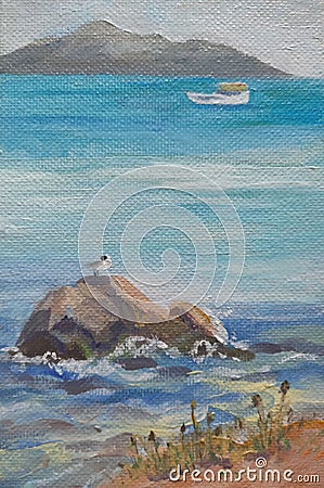 Oil painting. Seagull on the stone by the sea Cartoon Illustration